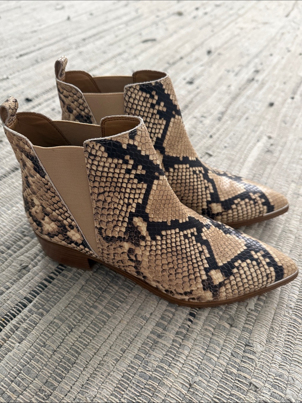 Marc Fisher Snake-Print Chelsea Booties in Tan and Black